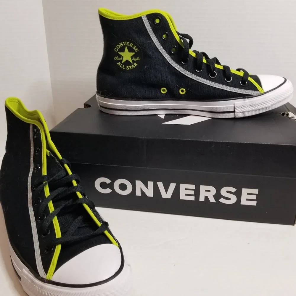 Converse Men’s High Top Sneakers Black with Lime Trim - Picture 2 of 16